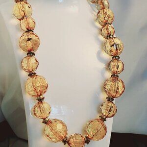 Large Faux Amber Beaded Necklace with Unique Clasp ~ Very Vintage